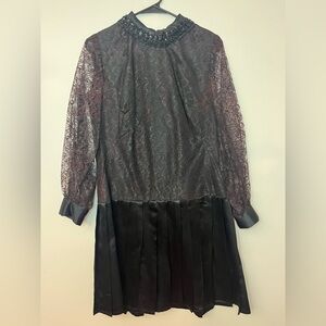 Vintage Black Lace Dress Beaded Collar Satin Pleated Skirt XS
